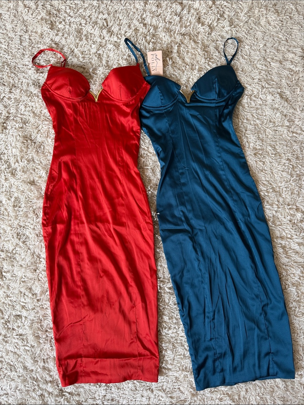 Oh Polly Satin Slip Dress in Red & Teal